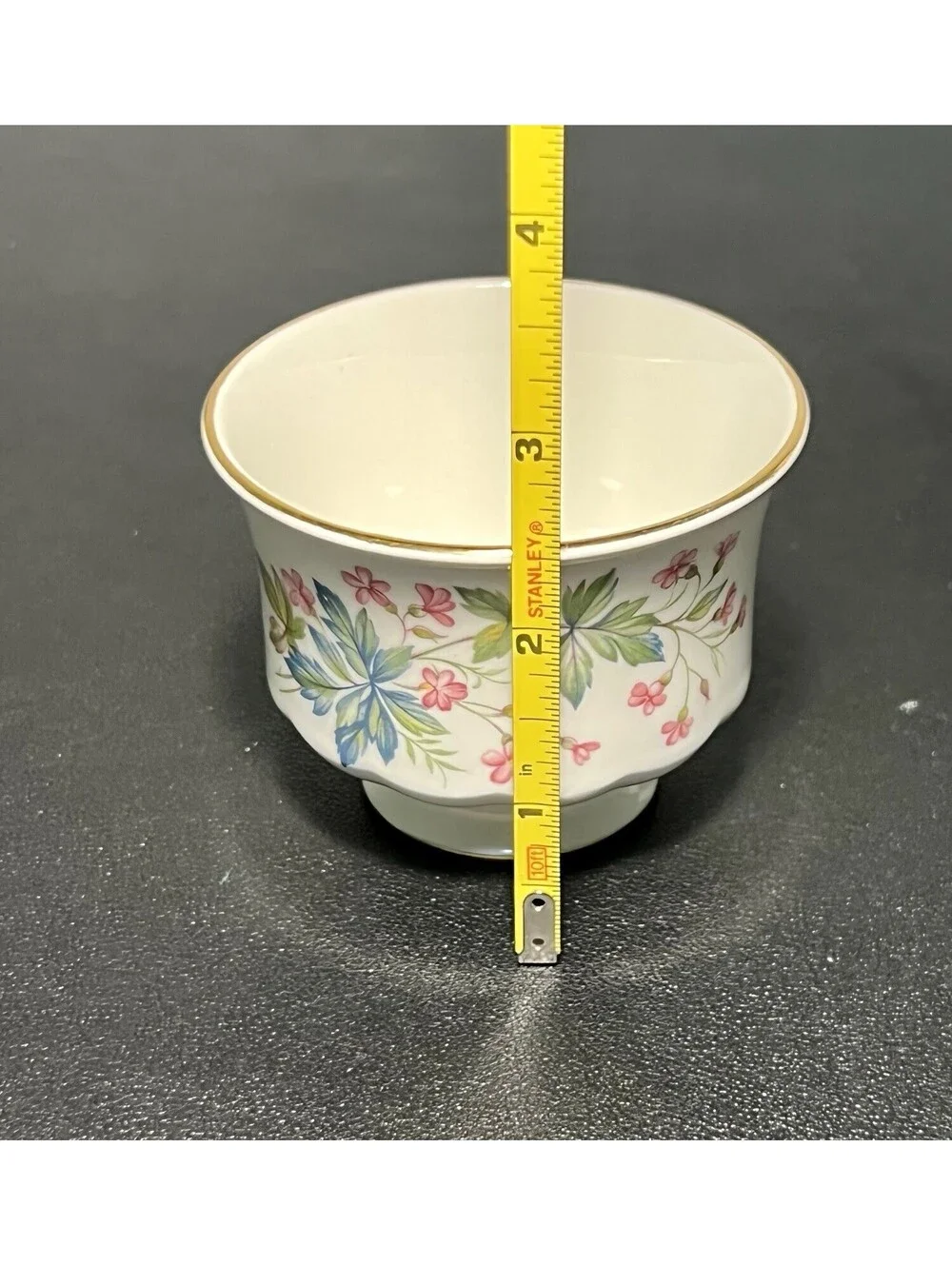 Queen Anne 1950s Orphan Cup Pink Trailing Floral Blue Leaf Bone China, 3x2.5”